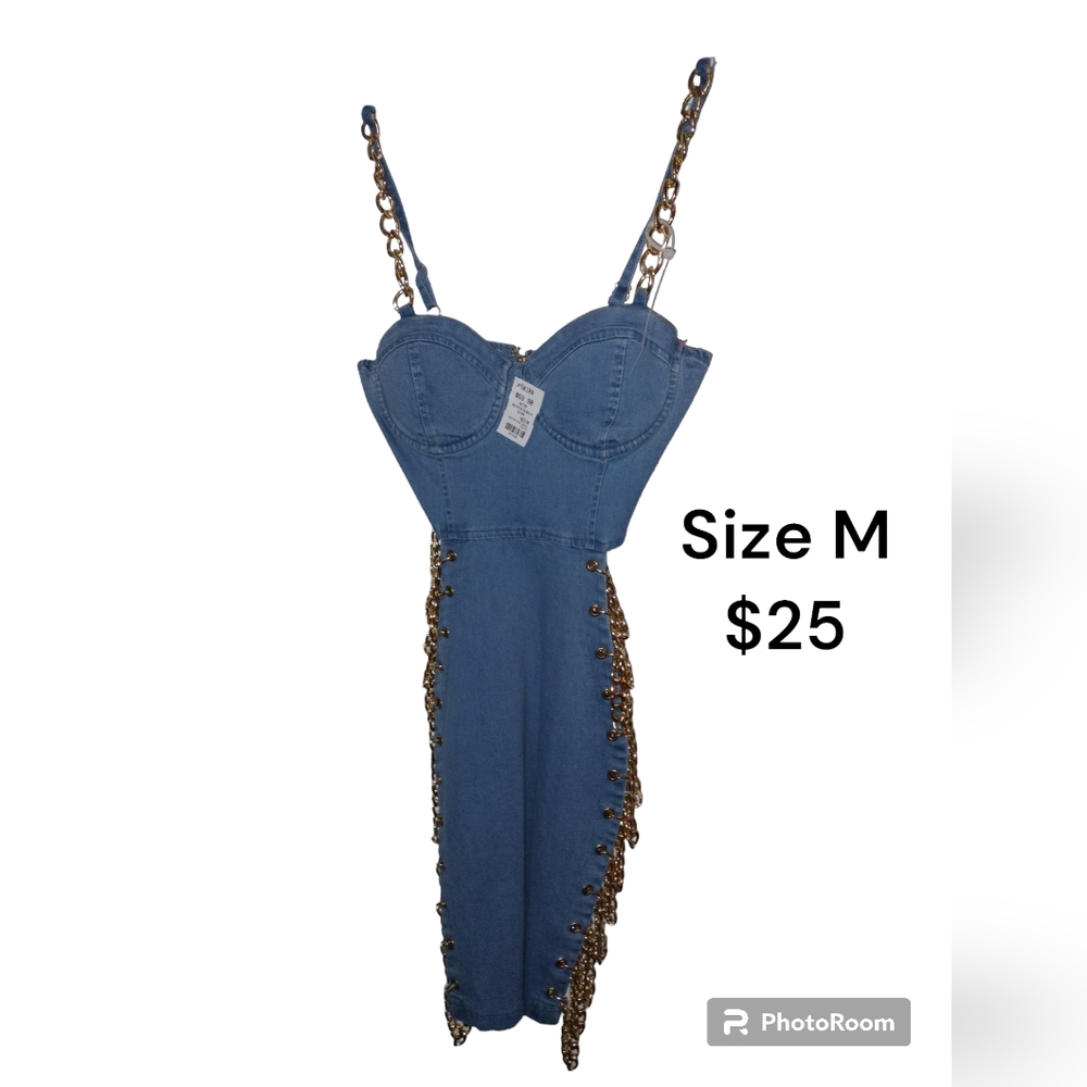 AKIRA Denim Midi Dress with Gold Chain Accents